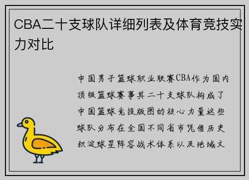 CBA二十支球队详细列表及体育竞技实力对比
