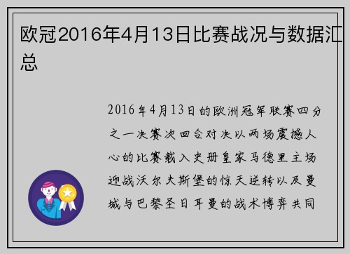 欧冠2016年4月13日比赛战况与数据汇总